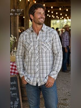 Random Access Plaid Western Snap Button Shirt Mens Large Gray Country Cowboy